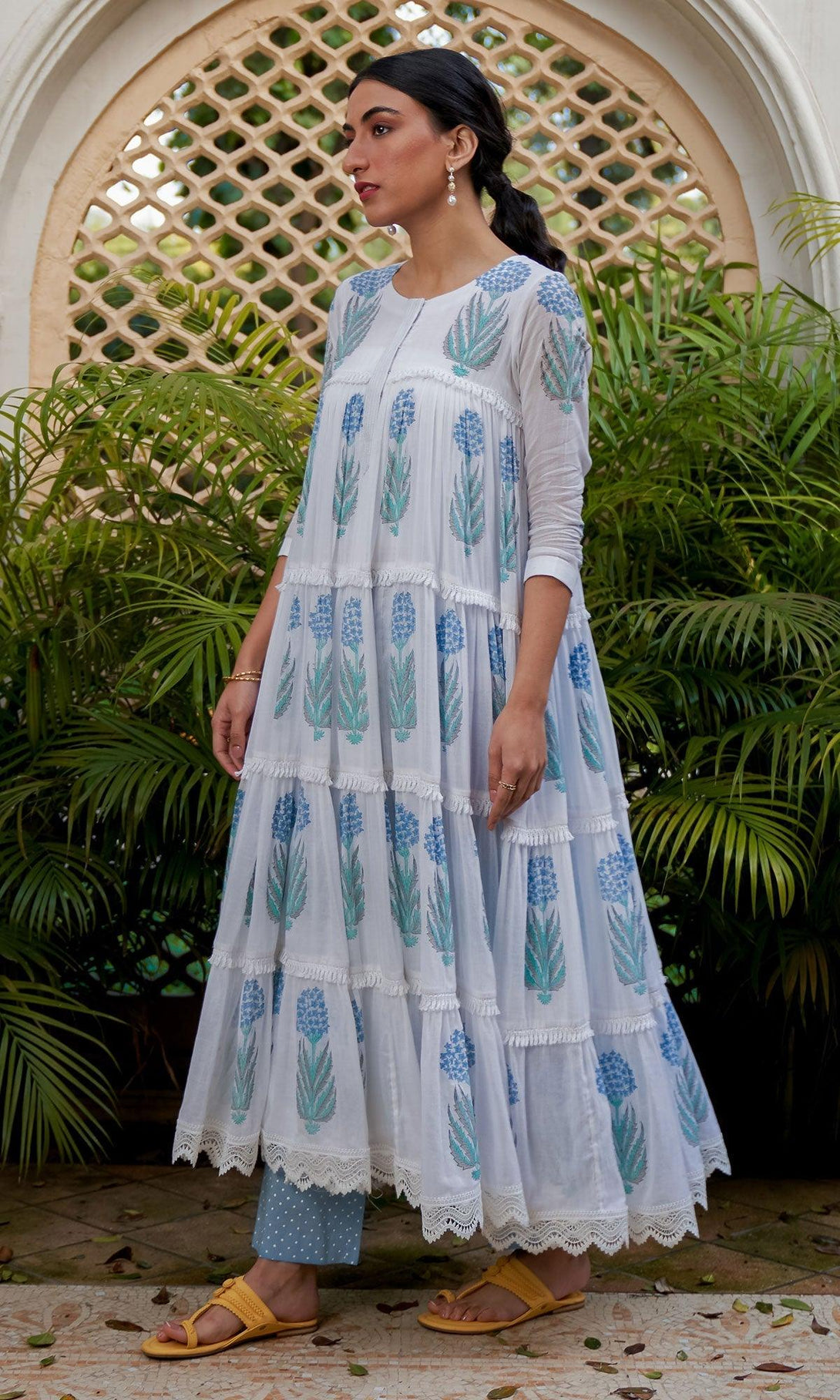 SUKOON POWDER BLUE BLOCK PRINTED TIERED ANARKALI WITH PANTS AND DUPATTA - SET OF 3 - Indiakreations