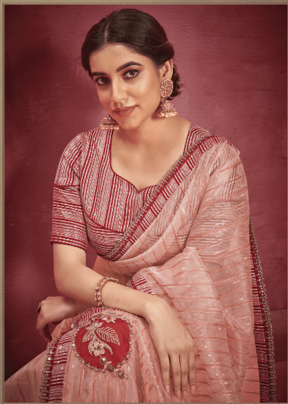 Latest Designer Embroidered Work Organza Saree In Peach - Indiakreations