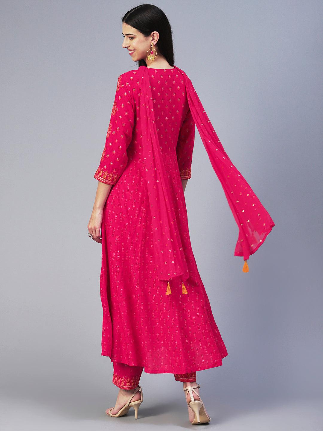 Ethnic Printed & Embroidered Anarkali Kurta with Pant & Dupatta - Pink - Indiakreations