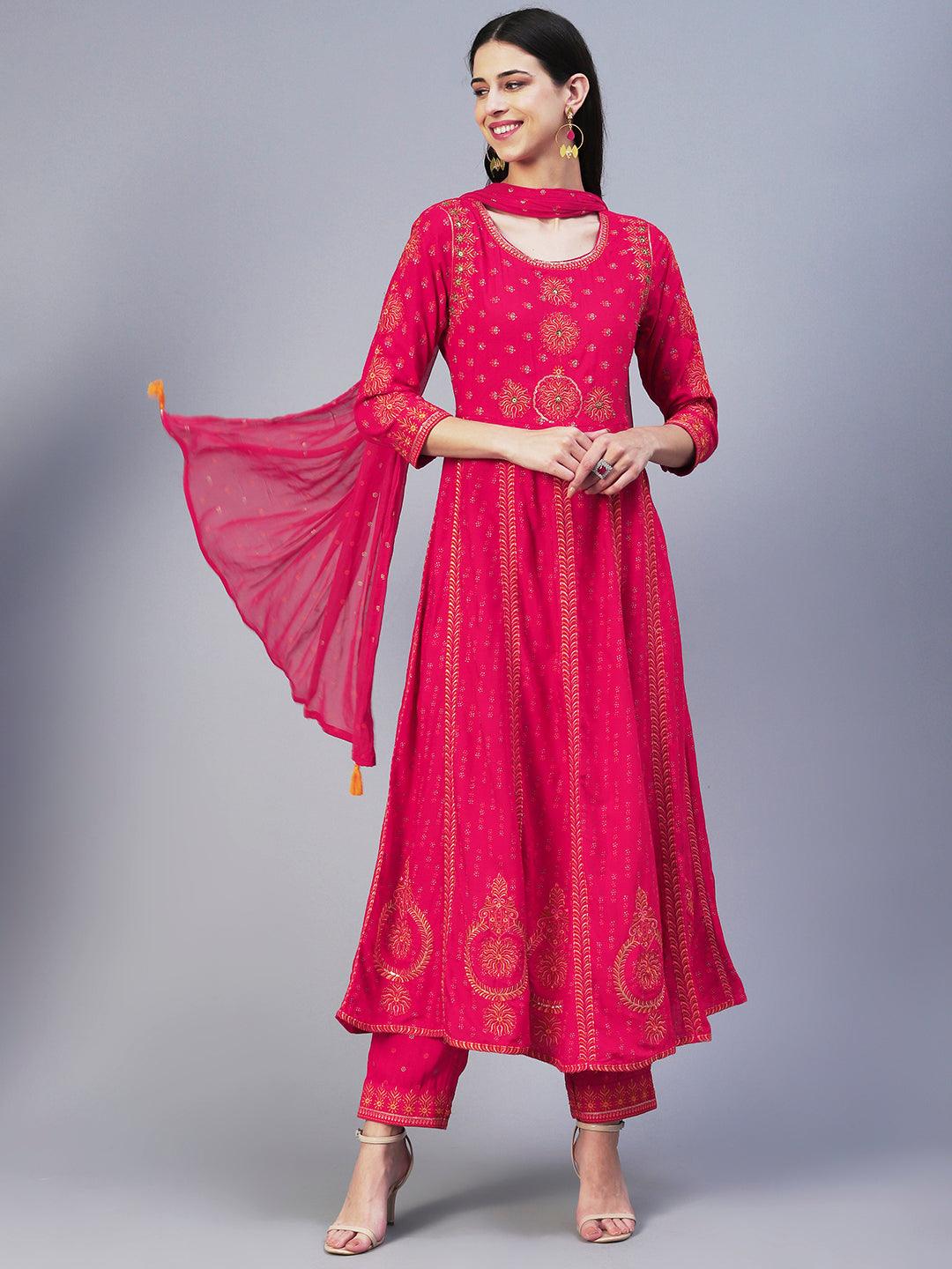 Ethnic Printed & Embroidered Anarkali Kurta with Pant & Dupatta - Pink - Indiakreations