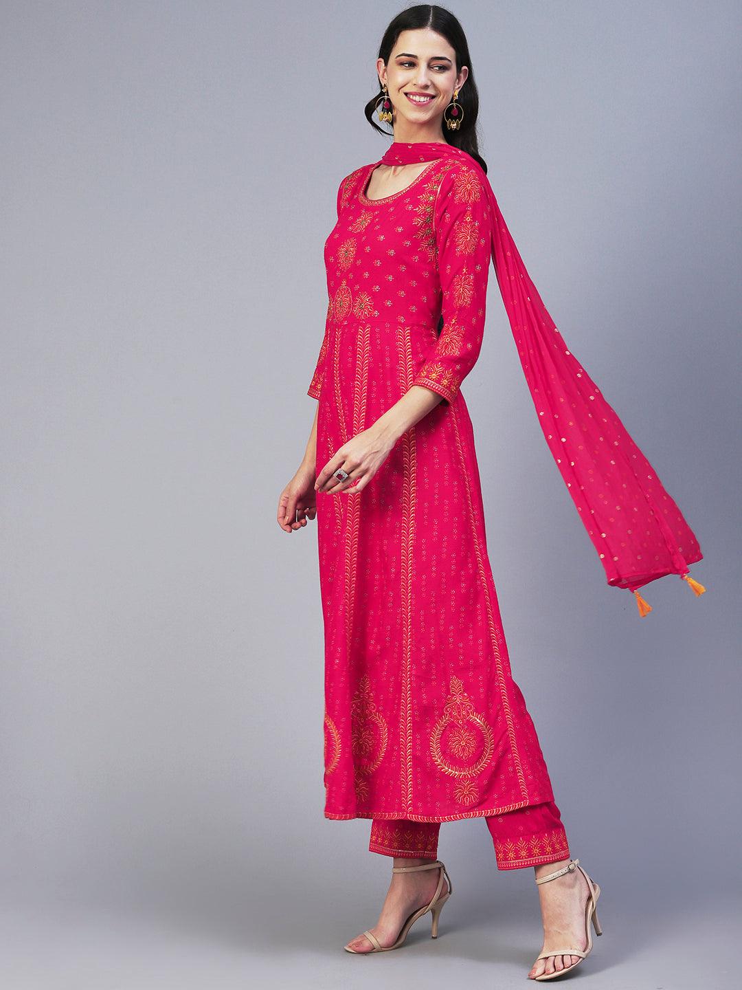 Ethnic Printed & Embroidered Anarkali Kurta with Pant & Dupatta - Pink - Indiakreations