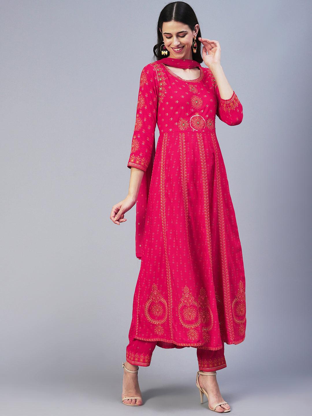 Ethnic Printed & Embroidered Anarkali Kurta with Pant & Dupatta - Pink - Indiakreations