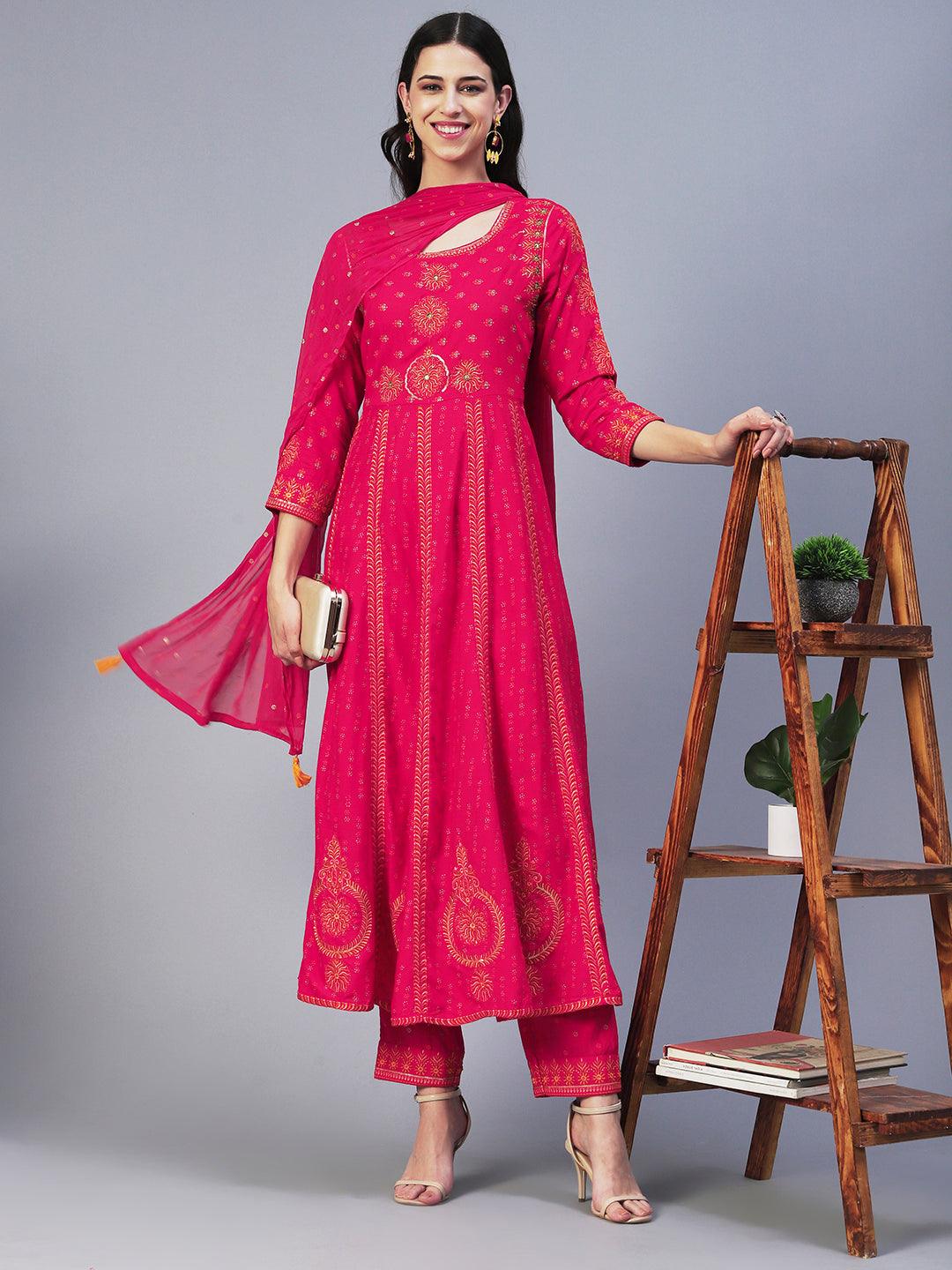 Ethnic Printed & Embroidered Anarkali Kurta with Pant & Dupatta - Pink - Indiakreations