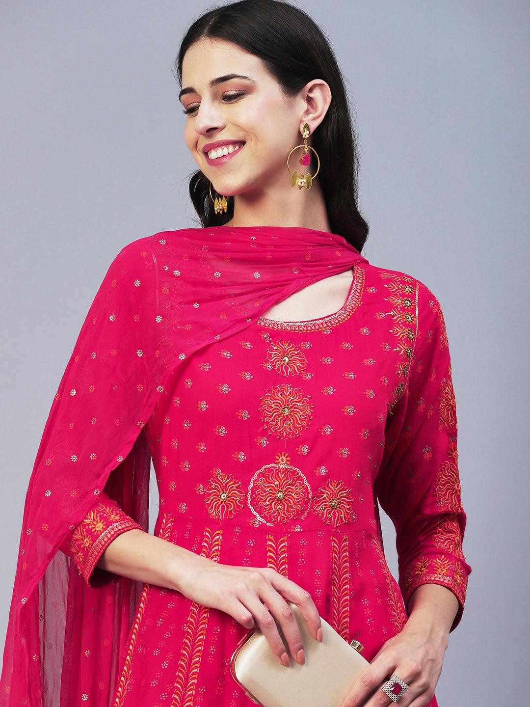 Ethnic Printed & Embroidered Anarkali Kurta with Pant & Dupatta - Pink - Indiakreations