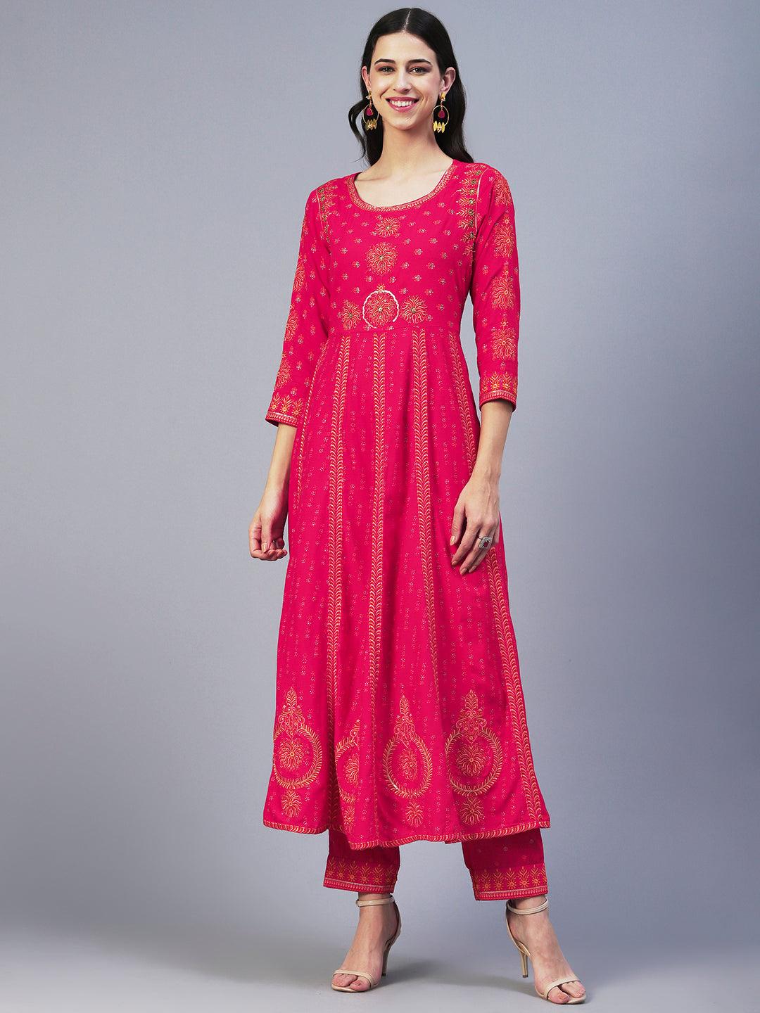 Ethnic Printed & Embroidered Anarkali Kurta with Pant & Dupatta - Pink - Indiakreations