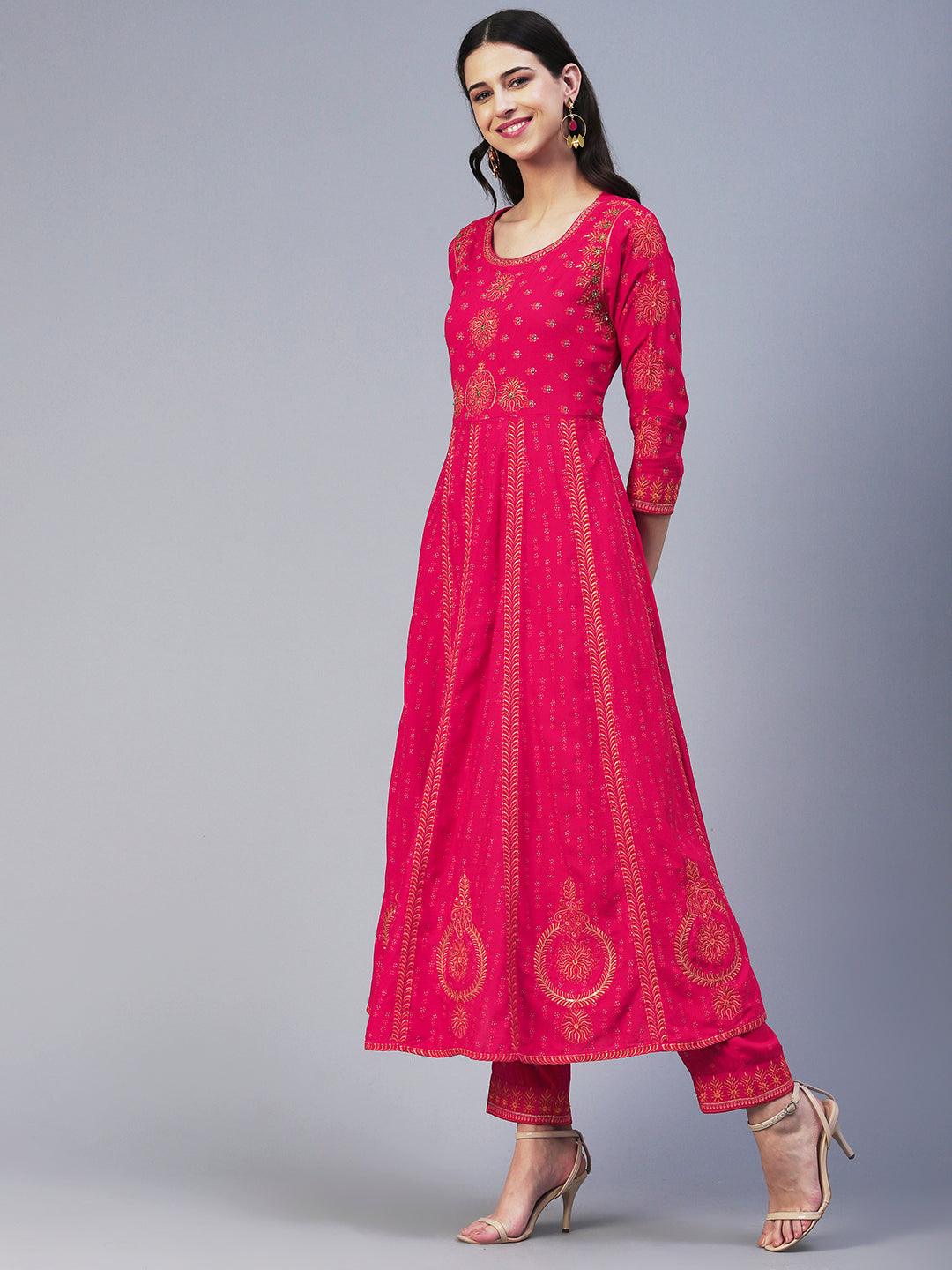 Ethnic Printed & Embroidered Anarkali Kurta with Pant & Dupatta - Pink - Indiakreations