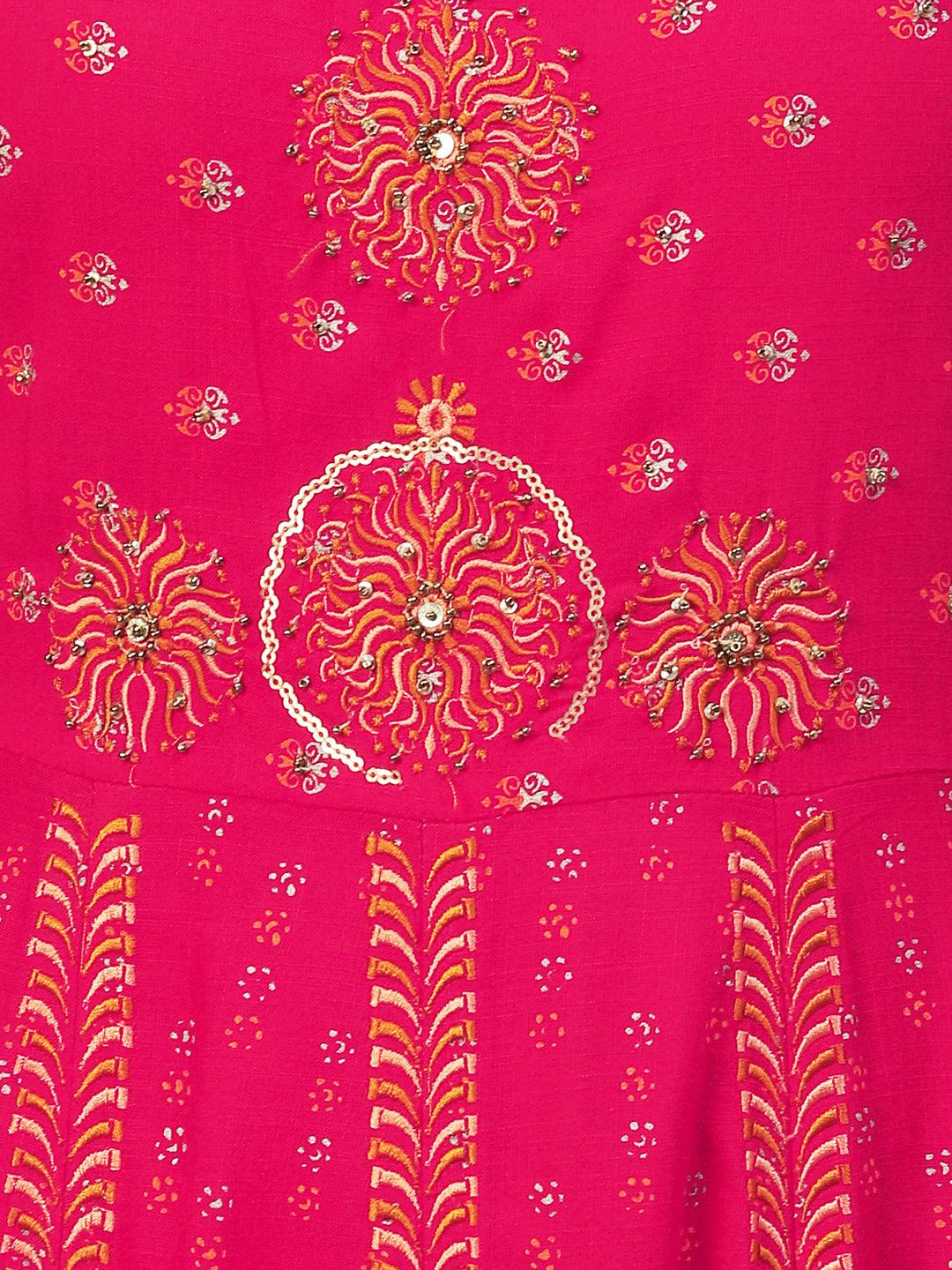 Ethnic Printed & Embroidered Anarkali Kurta with Pant & Dupatta - Pink - Indiakreations