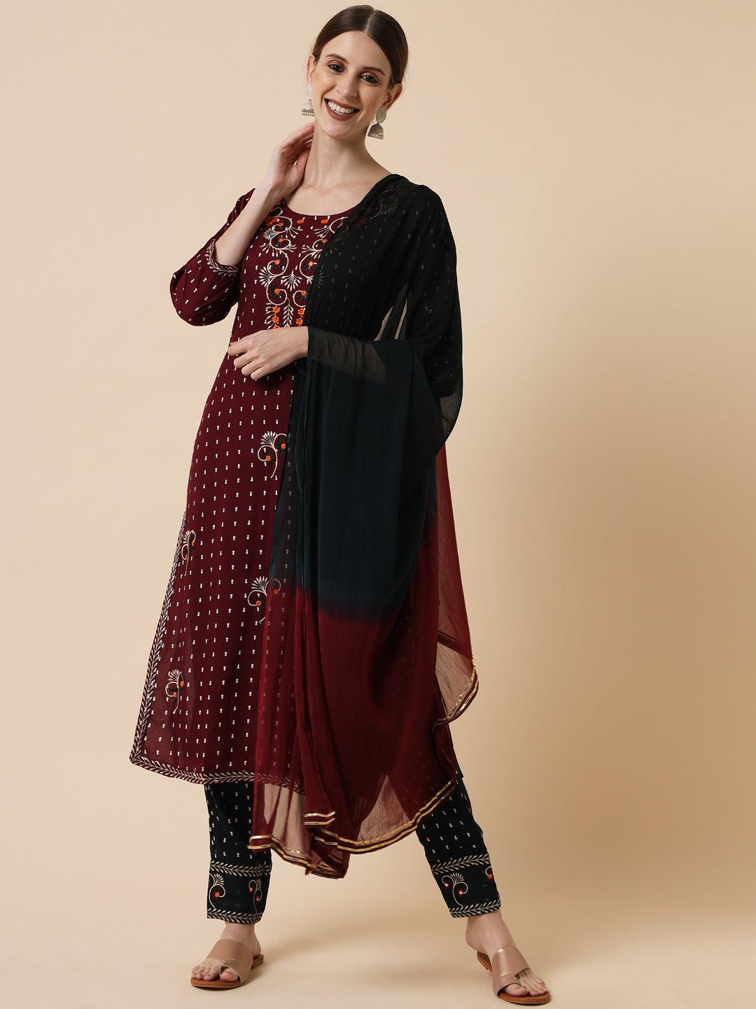 Women's Maroon Embroidered Kurta With Trouser With Dupatta - Meeranshi - Indiakreations