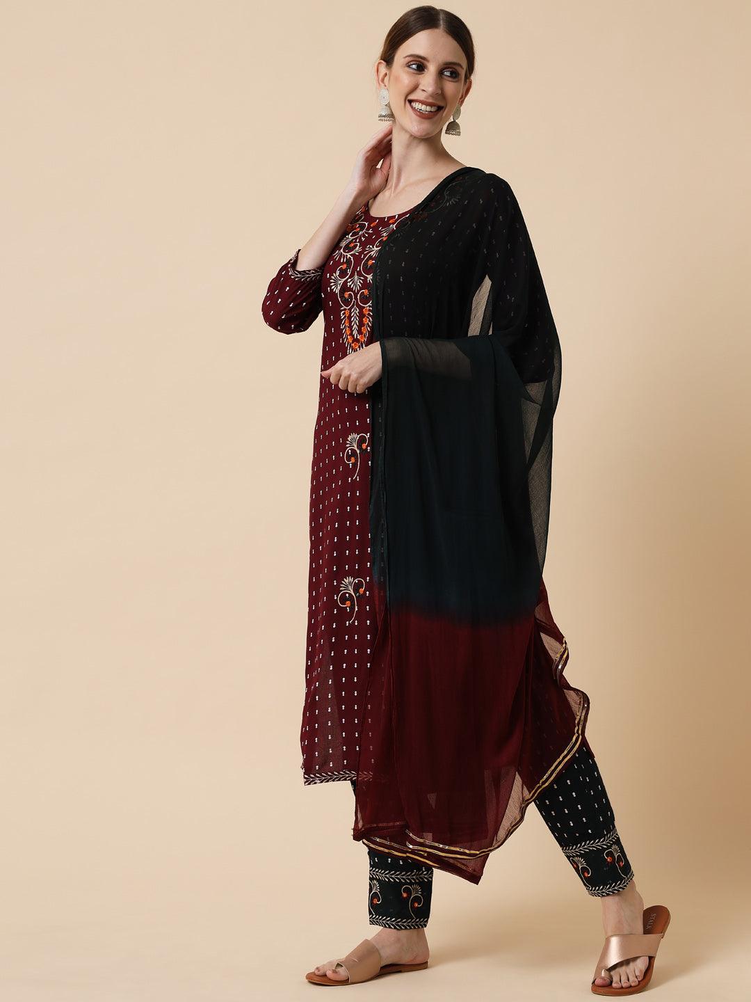 Women's Maroon Embroidered Kurta With Trouser With Dupatta - Meeranshi - Indiakreations