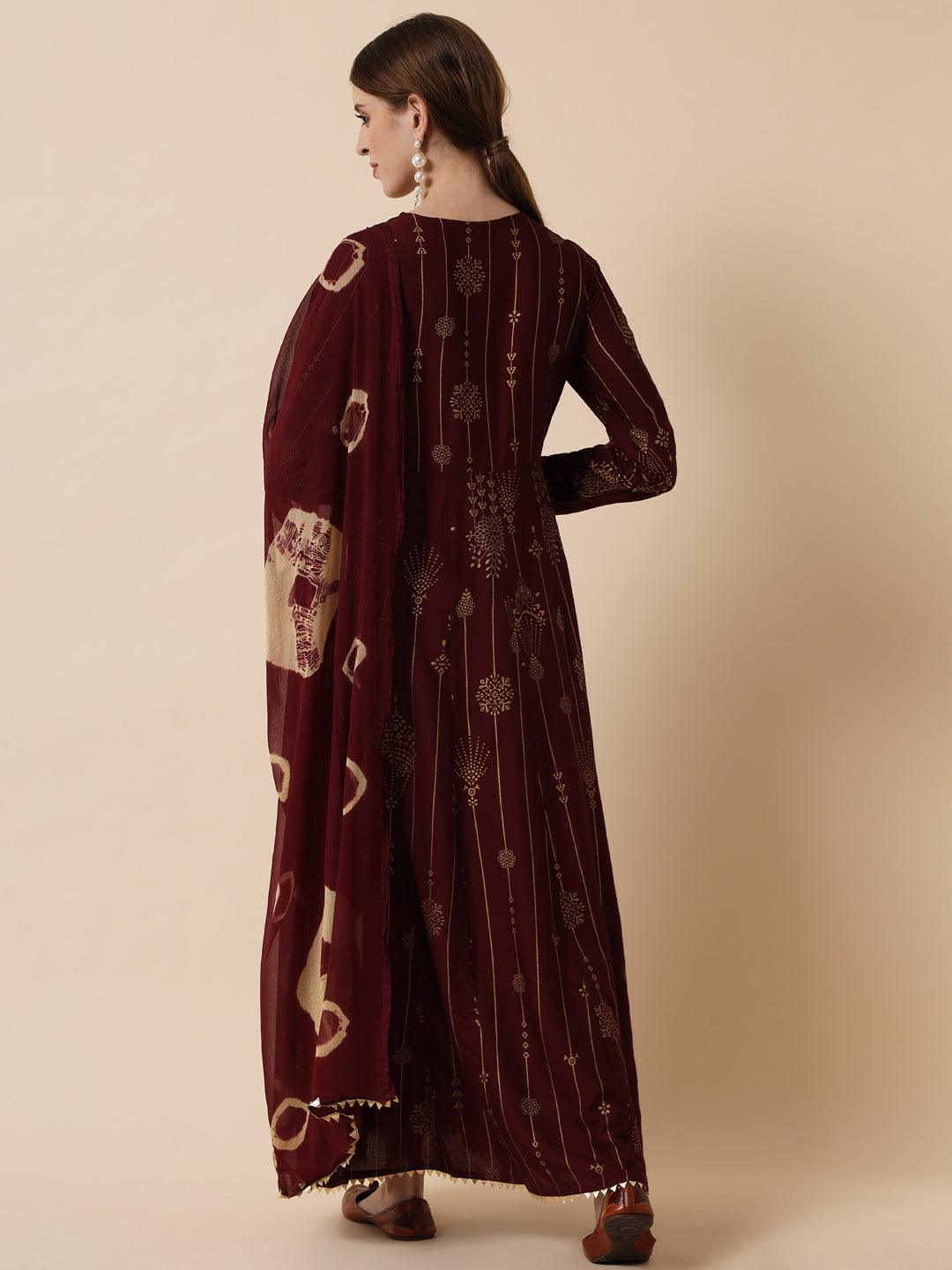 Women's Maroon & chocolate brown Ethnic Motifs Maxi Dress - Meeranshi - Indiakreations