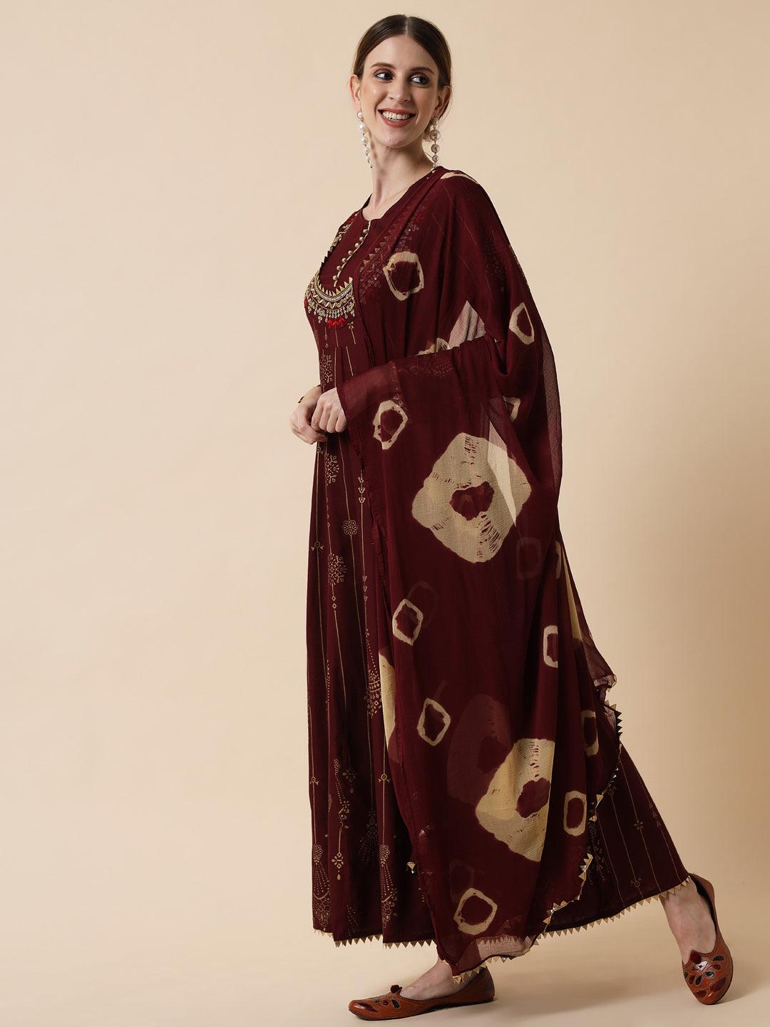 Women's Maroon & chocolate brown Ethnic Motifs Maxi Dress - Meeranshi - Indiakreations