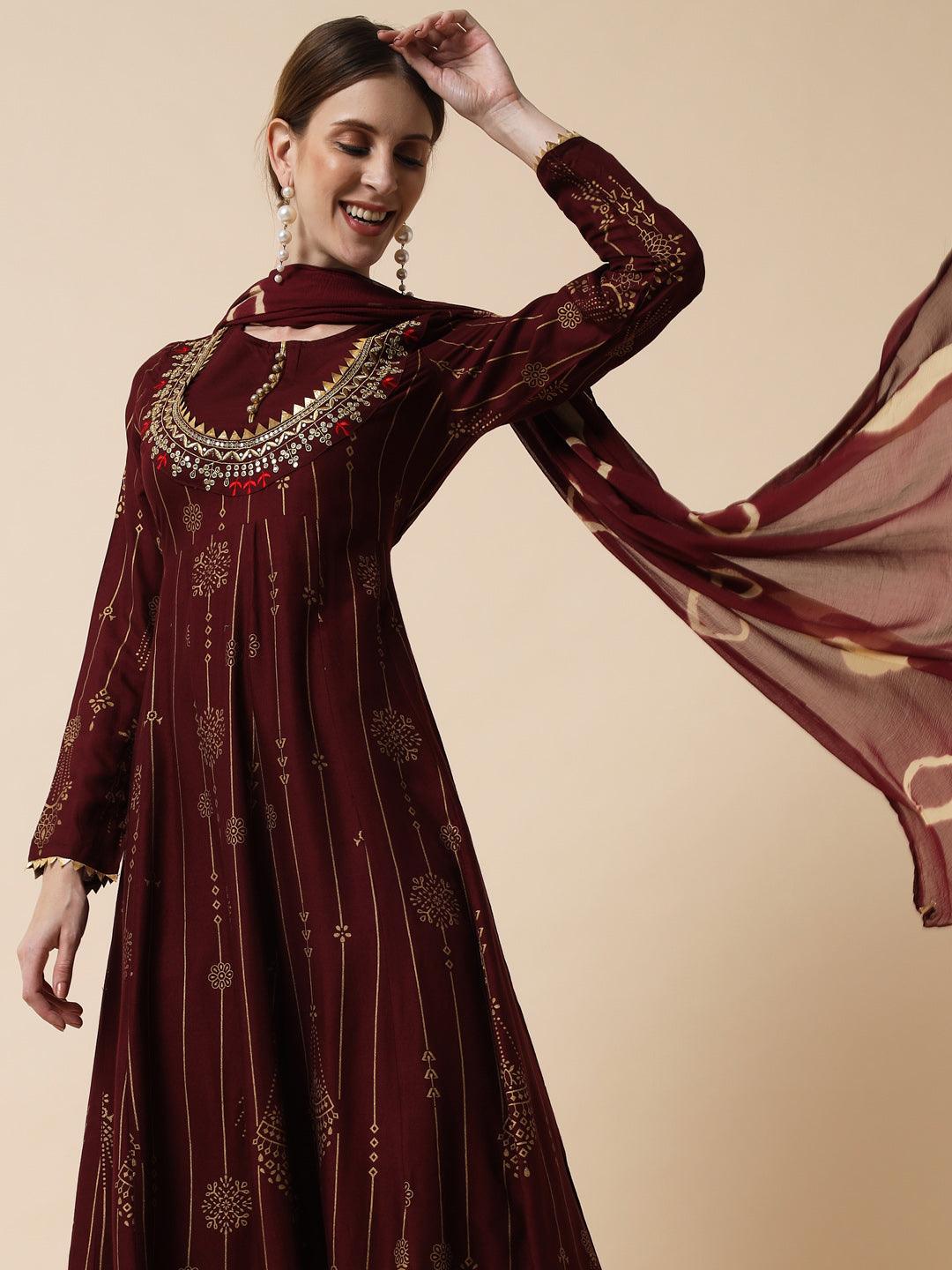 Women's Maroon & chocolate brown Ethnic Motifs Maxi Dress - Meeranshi - Indiakreations