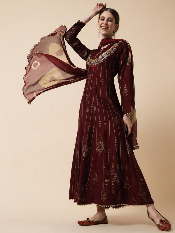 Women's Maroon & chocolate brown Ethnic Motifs Maxi Dress - Meeranshi - Indiakreations