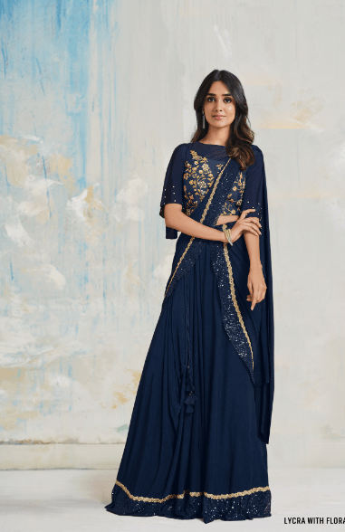 Gorgeous Bollywood Style Sequins Embroidered Blue Lycra Saree - Indiakreations