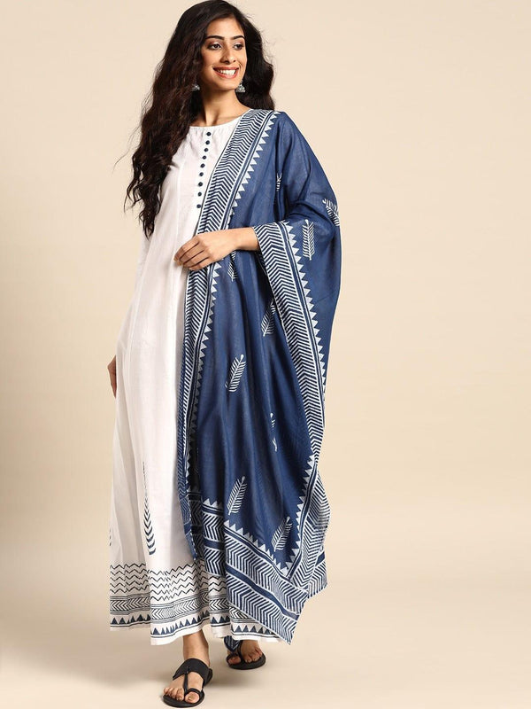 White Printed Maxi Dress With Dupatta - Indiakreations