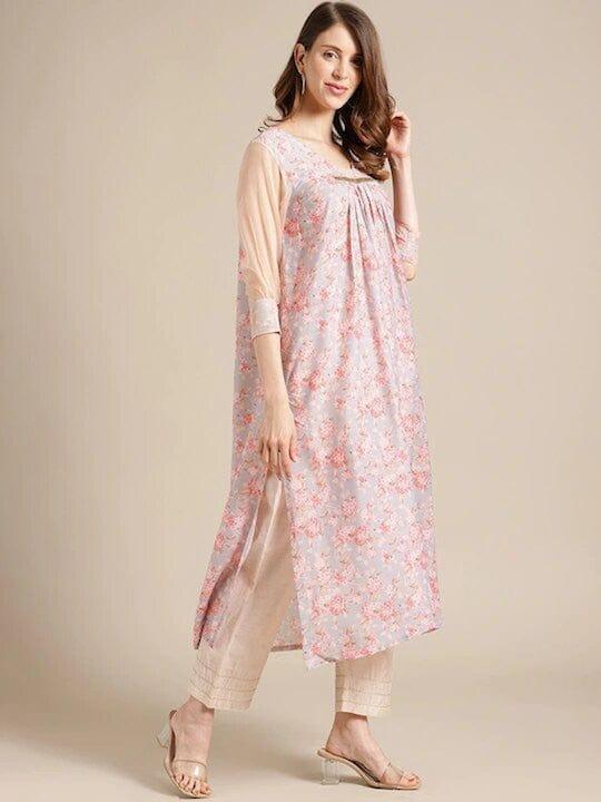 Varanga Women Blue & Peach-Coloured Floral Kurta - Indiakreations