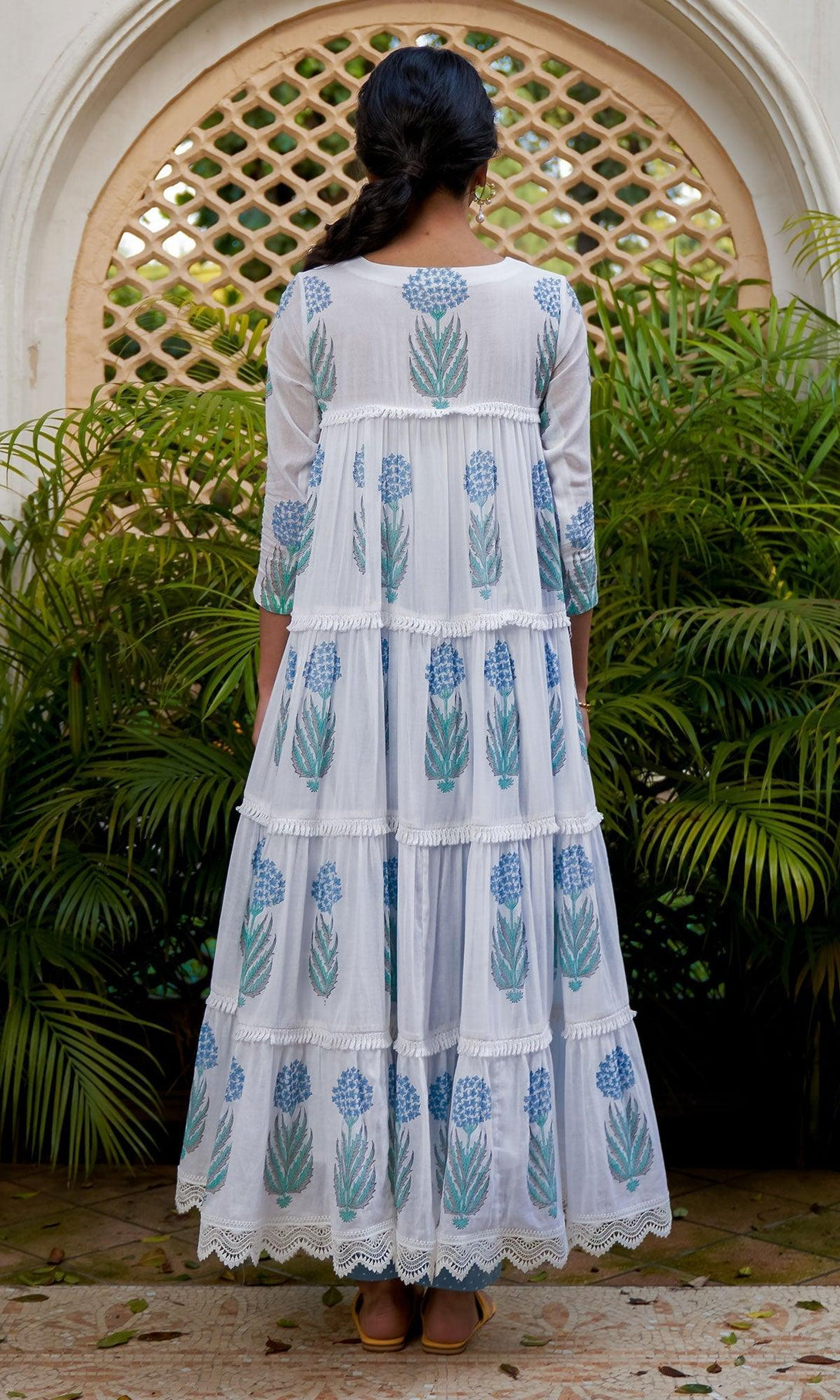 SUKOON POWDER BLUE BLOCK PRINTED TIERED ANARKALI WITH PANTS AND DUPATTA - SET OF 3 - Indiakreations