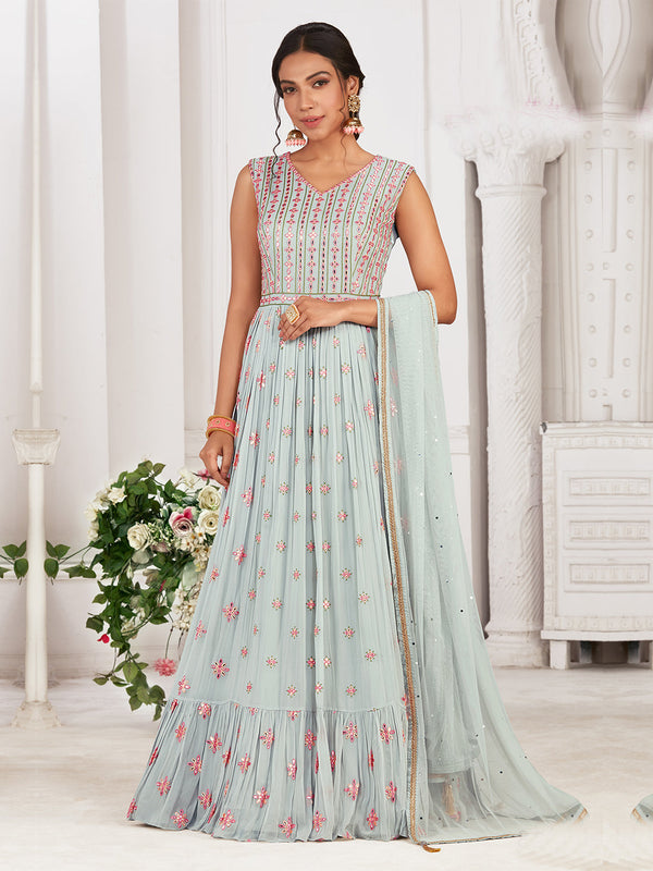 Alluring Blue Georgette Floor Length Gown With Traditional Mirror Work