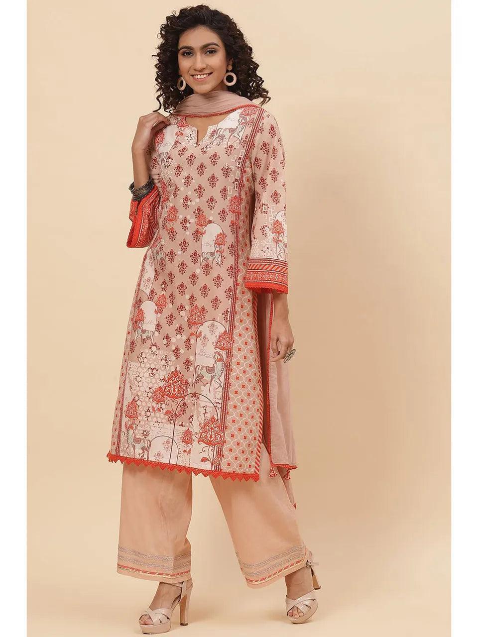 Women's Blush Brown Straight Suit (set Of 4) - BIBA - Indiakreations