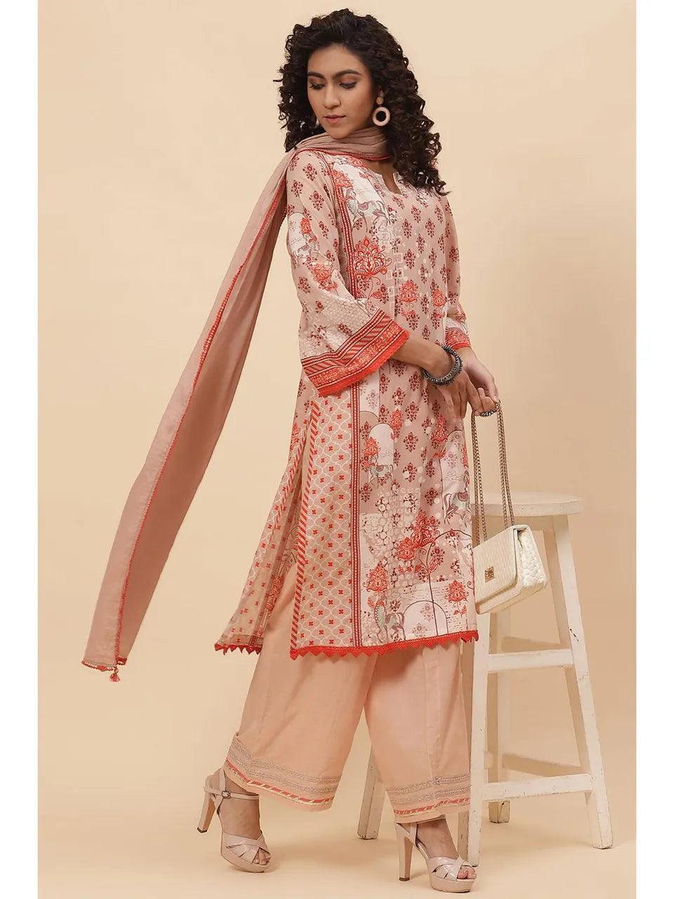 Women's Blush Brown Straight Suit (set Of 4) - BIBA - Indiakreations