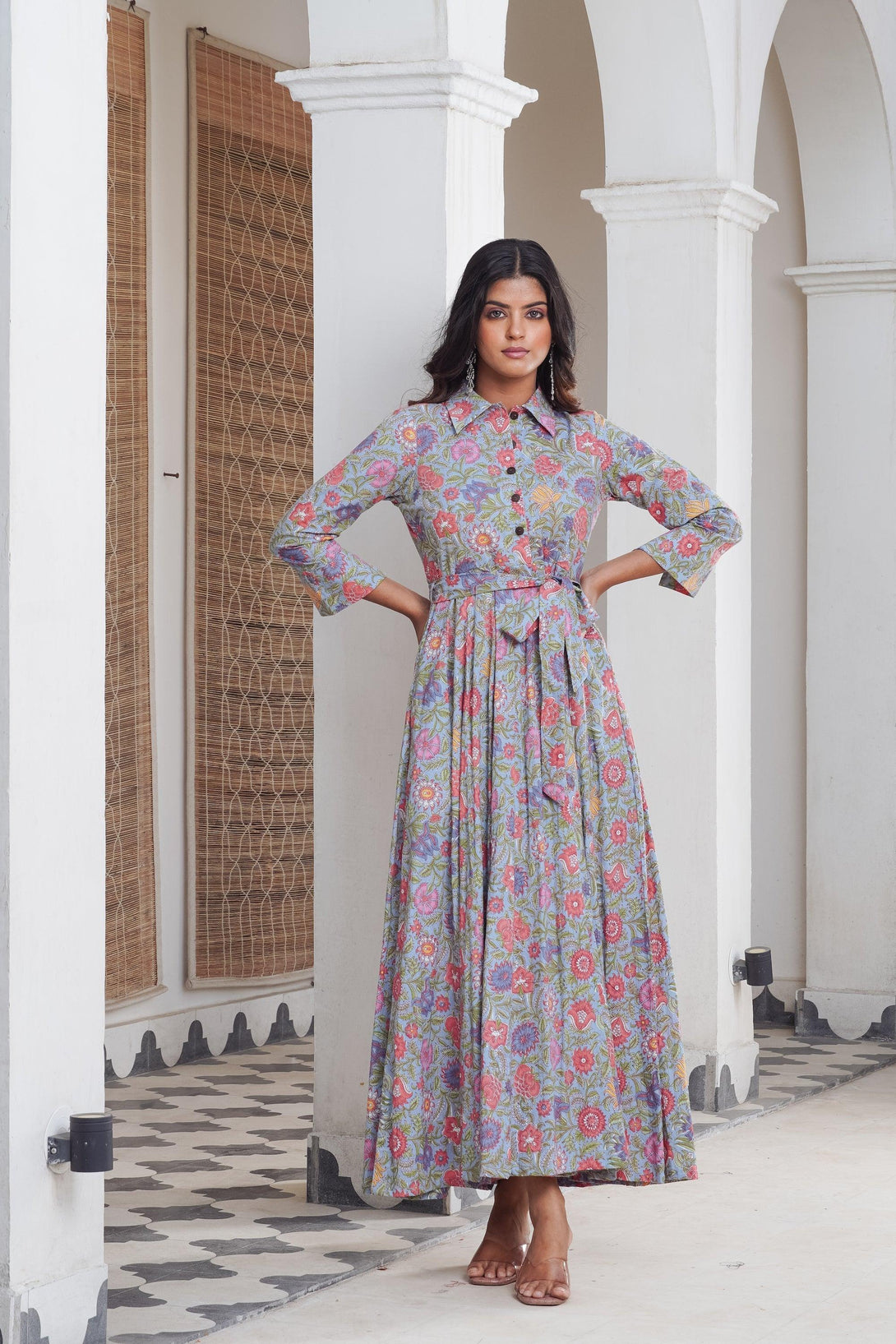 Floral multicoloured shirt collar Maxi - Indiakreations