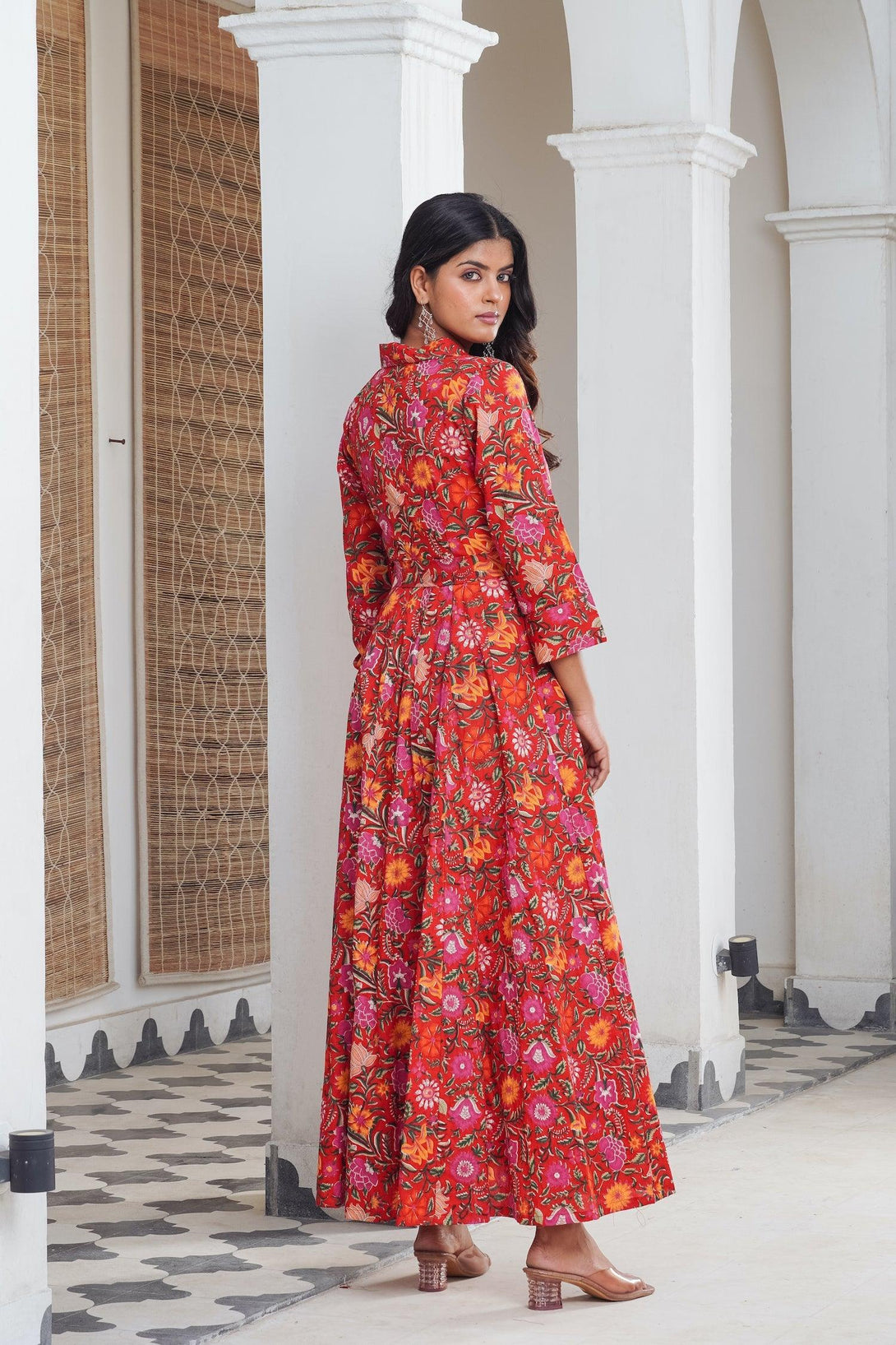 Red hand block shirt collar Maxi - Indiakreations