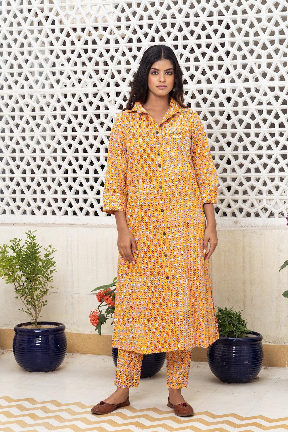 Mustard yellow hand block Kurta Set Of 2 - Indiakreations