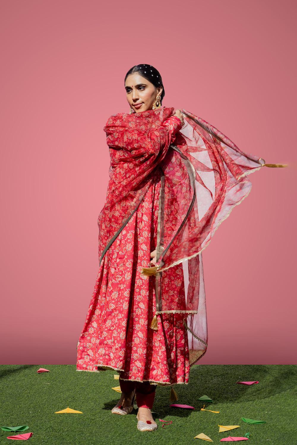 Mehfi Red Anarkali Set - Indiakreations