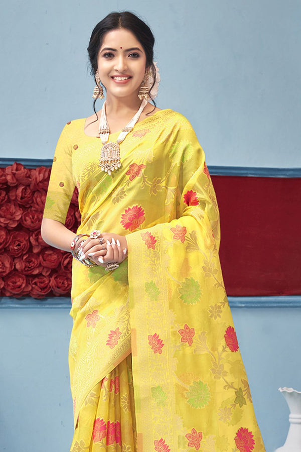 Women's Yellow Organza Woven Zari Work Traditional Tassle Saree - Sangam Prints