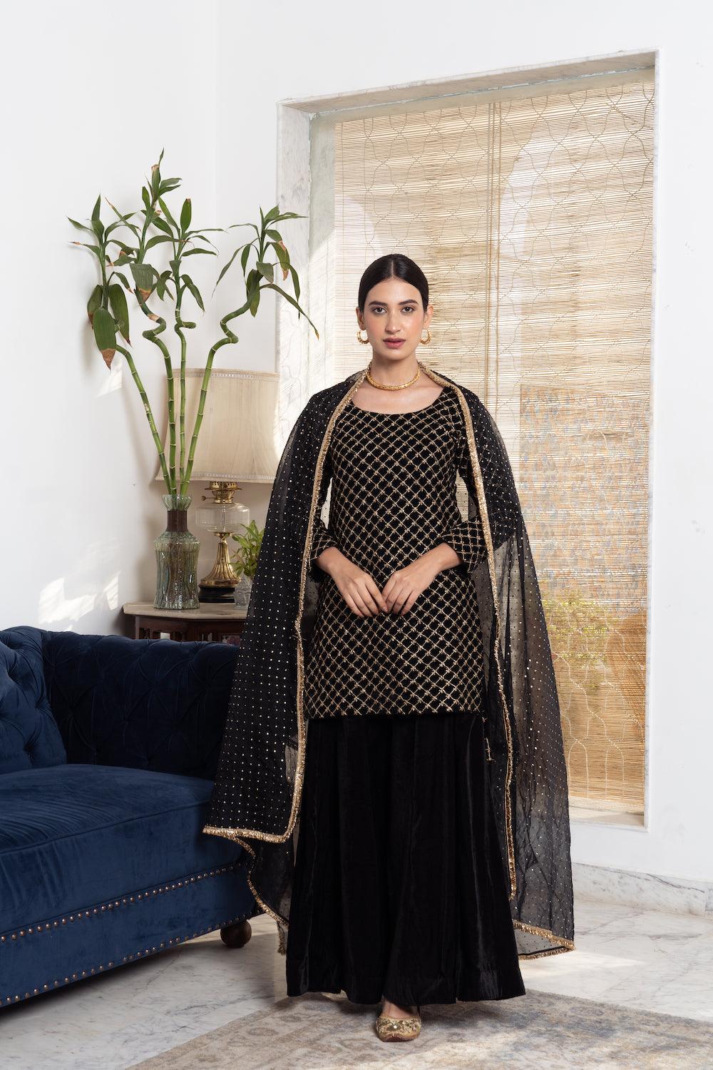 Khwabidah Black Sharara Set of 3 - Indiakreations