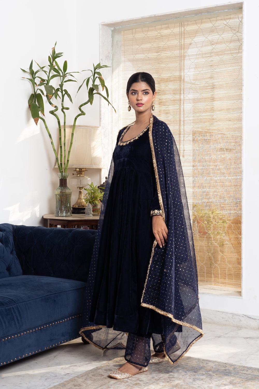 Khwabidah Navy Blue Anarkali Set of 3 - Indiakreations