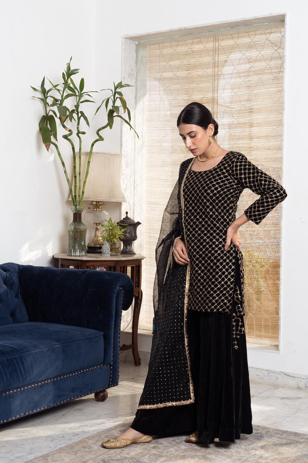 Khwabidah Black Sharara Set of 3 - Indiakreations