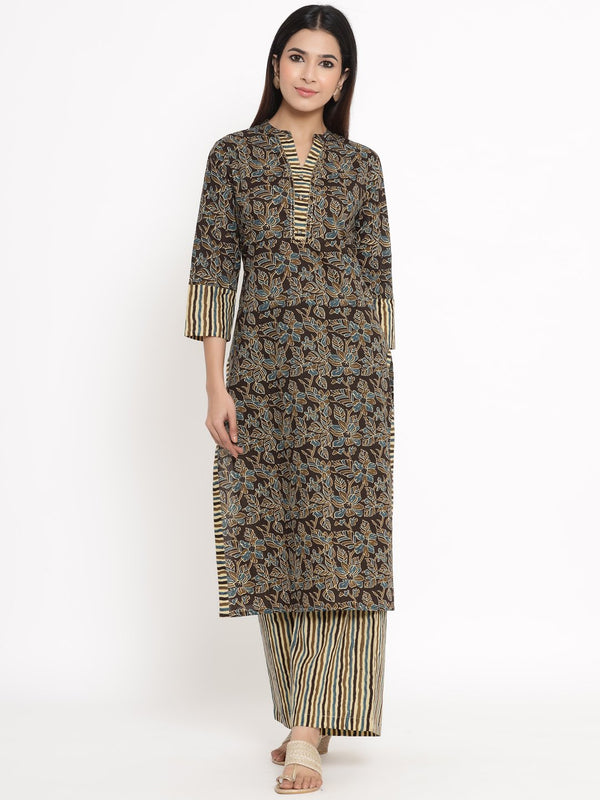 Women's Brown Printed Cotton Kurta & Palazzo Set by Kipek- (2pcs set)