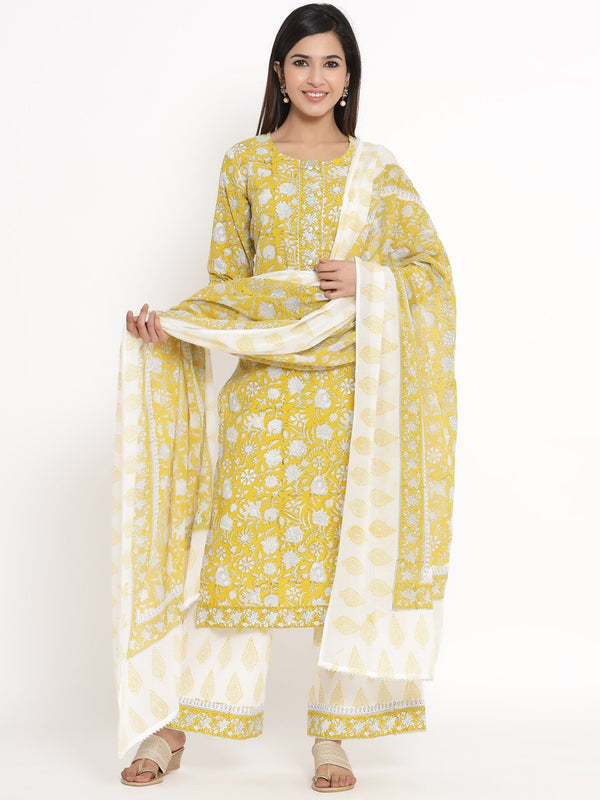 Women's Yellow Cotton Kurta WIth Palazzo & Dupatta by Kipek (3pcs Set)