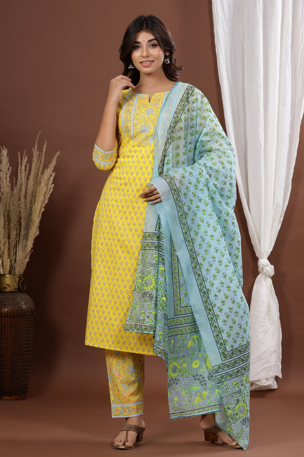 Women's Yellow Printed Kurta Set - Yufta