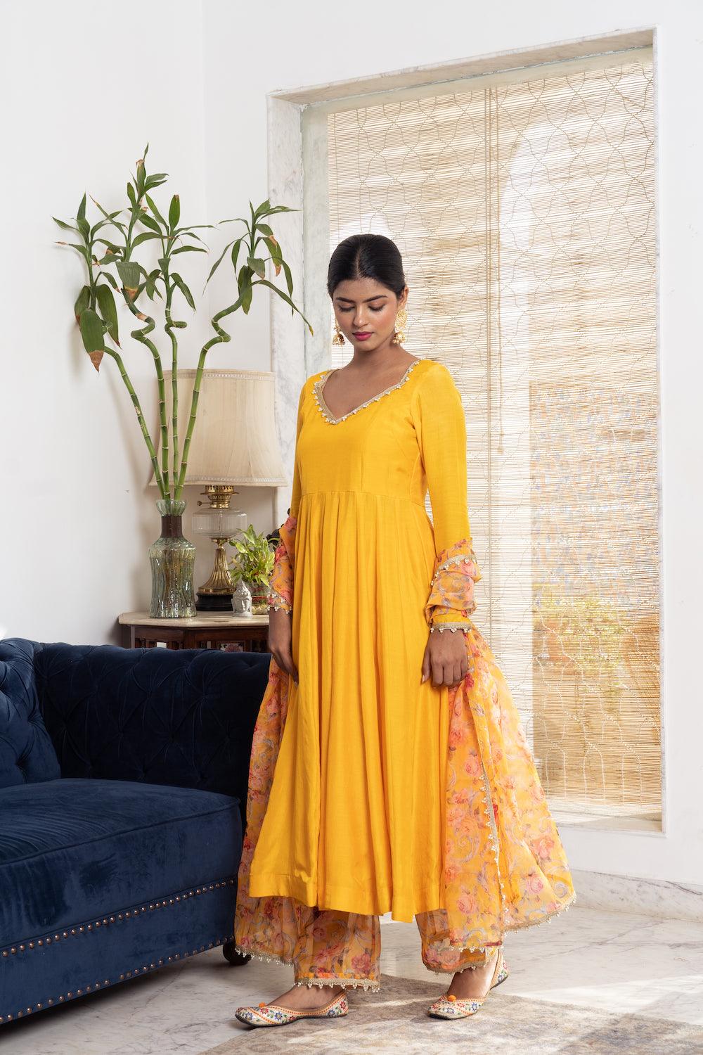 Khwabidah Yellow Anarkali with floral dupatta Set of 3 - Indiakreations