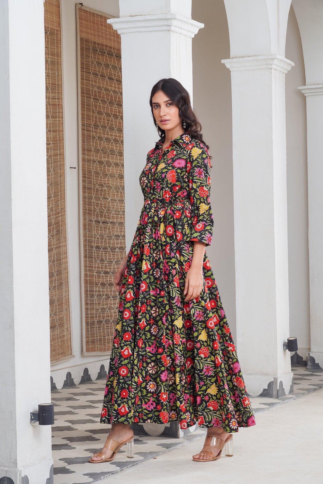 Black multicoloured shirt collar Maxi - Indiakreations