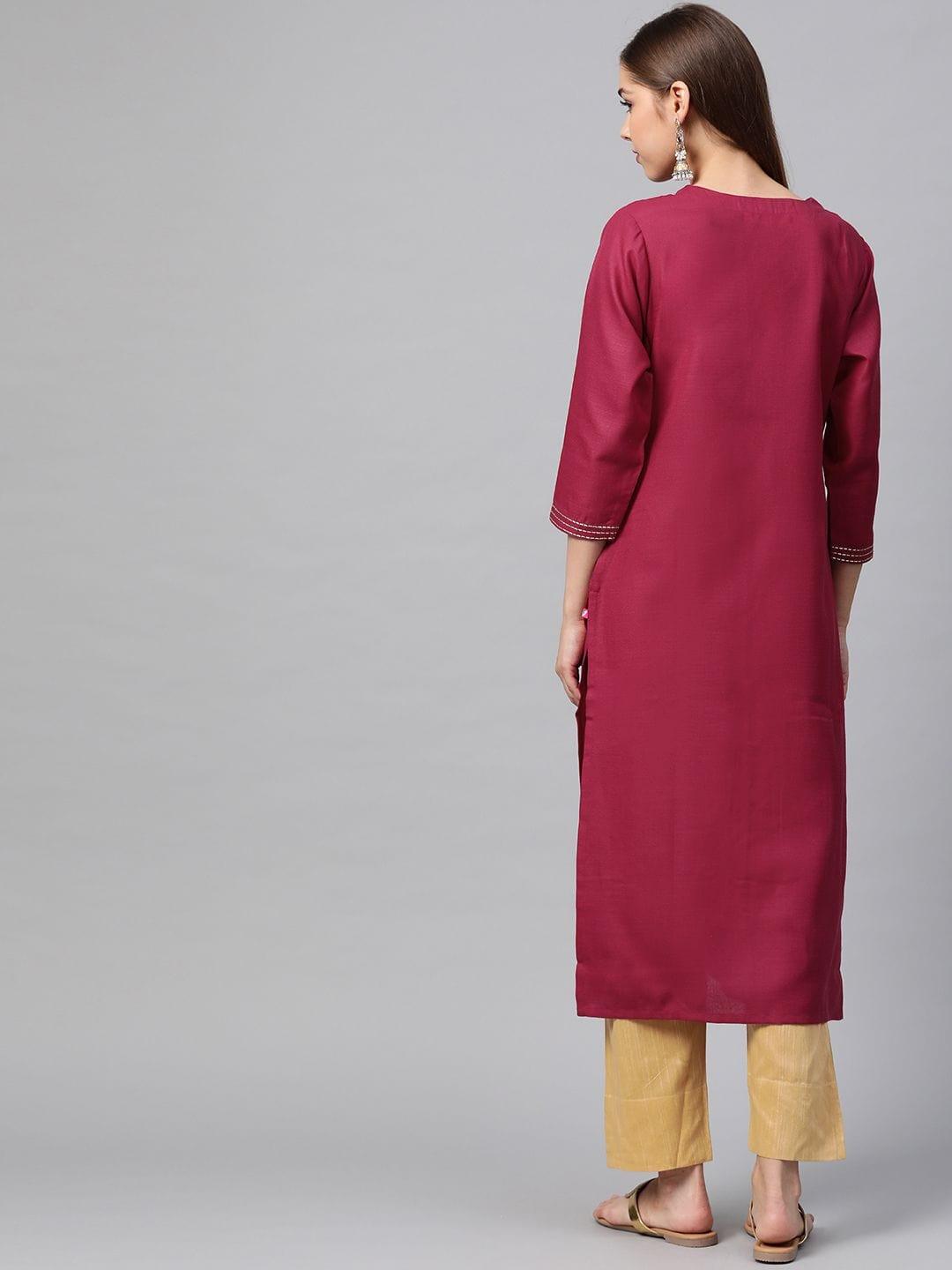 Women Magenta Embroidered Straight Kurta - Indiakreations