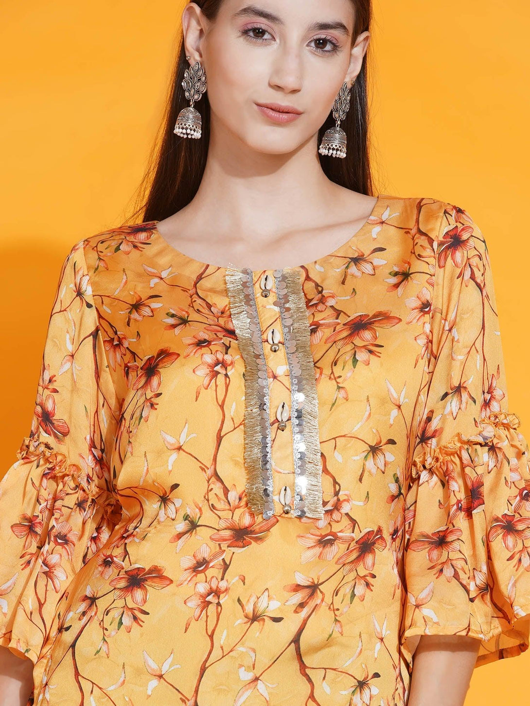 Women's Yellow Printed Satin Georgette Shirt With Bell Slevves And Dhoti - Women Republic - Indiakreations