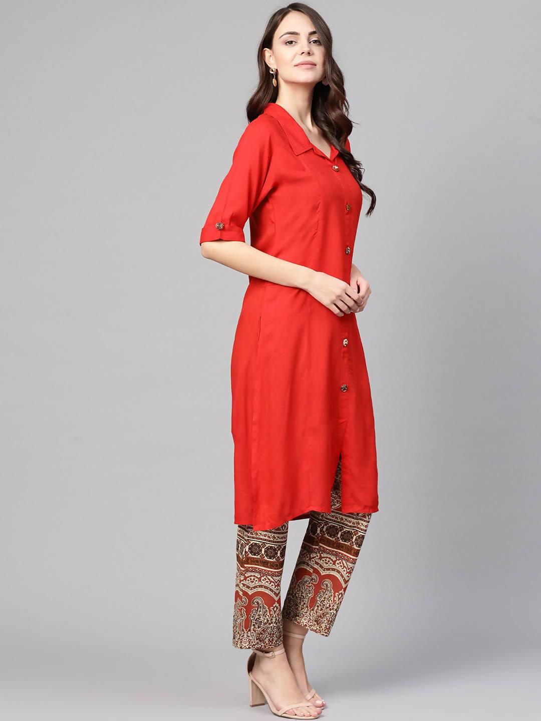 Women Red Cotton Kurta by Myshka (1 Pc Set) - Indiakreations