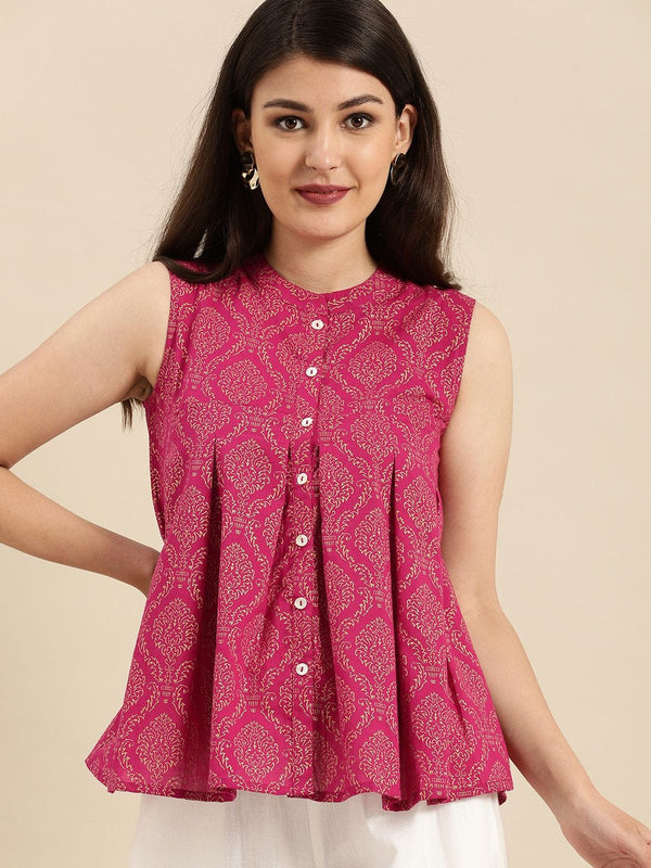 Women's Magenta Pink & Gold-Toned Printed Tunic - Varanga