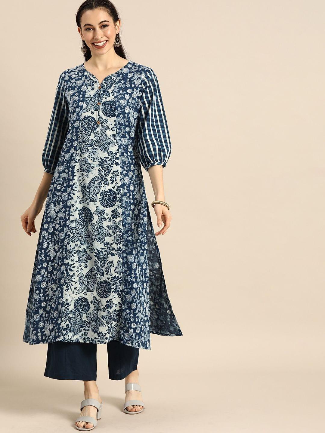 Blue & White Floral Printed Kurta - Indiakreations