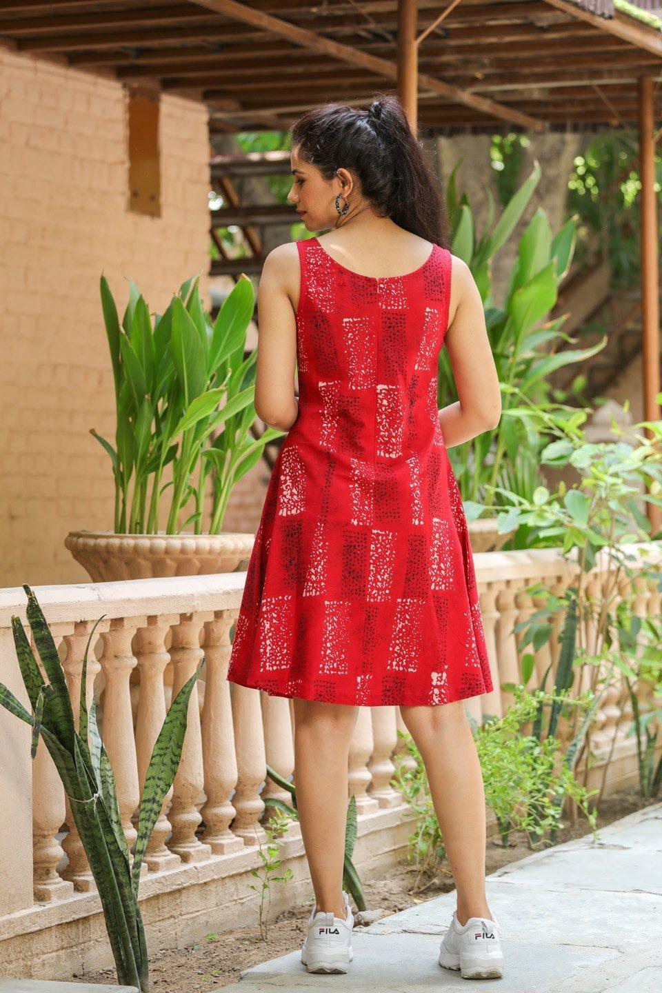 Women's Red Boat Neck Shift Short Dress - Baisacrafts - Indiakreations