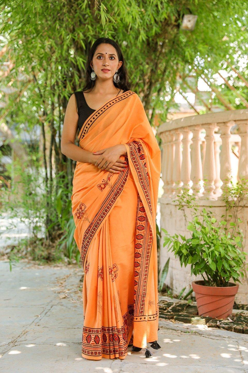 Women's Dust Orange Butterfly Block Print Mul Cotton Saree with Blouse Piece - Baisacrafts - Indiakreations