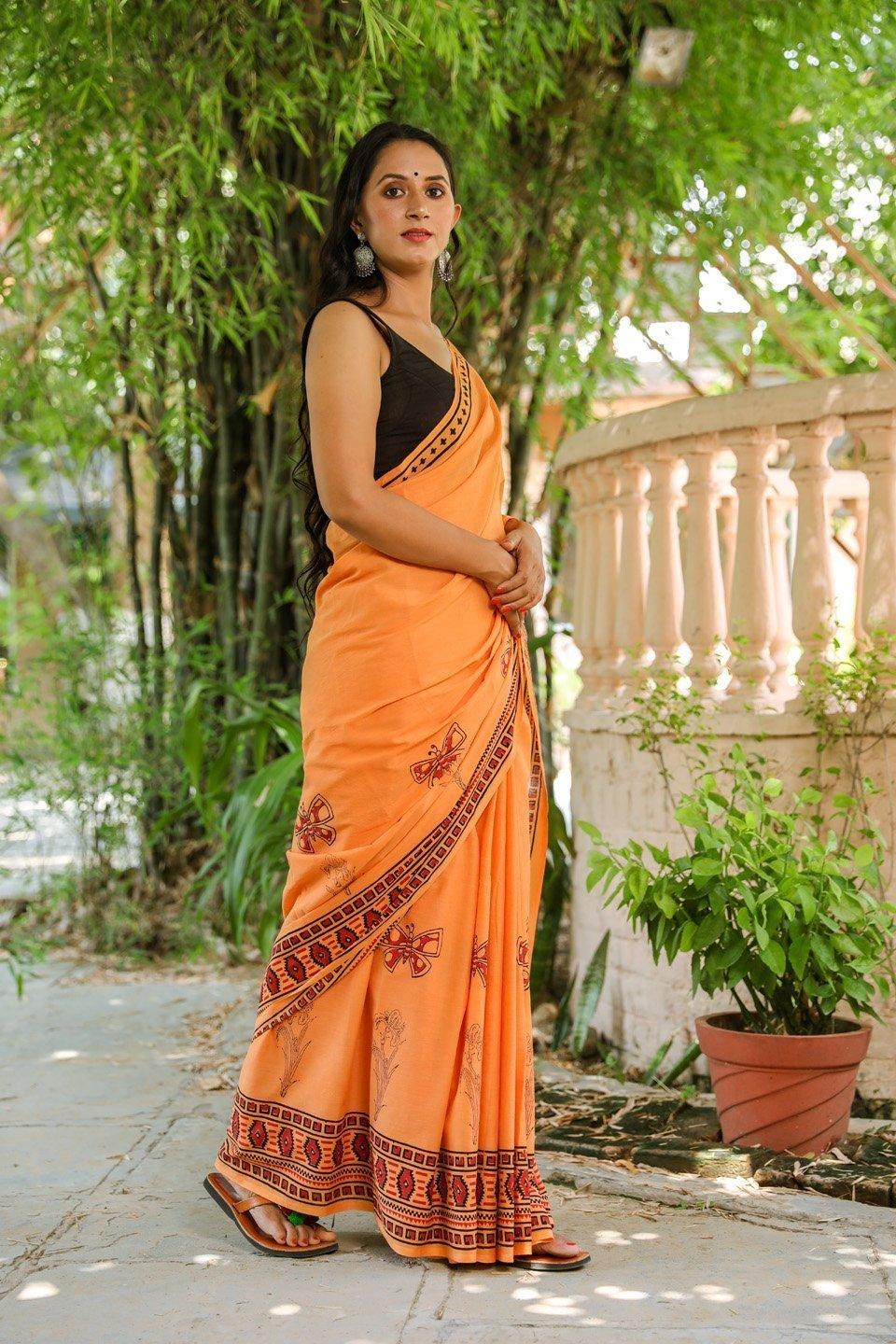 Women's Dust Orange Butterfly Block Print Mul Cotton Saree with Blouse Piece - Baisacrafts - Indiakreations