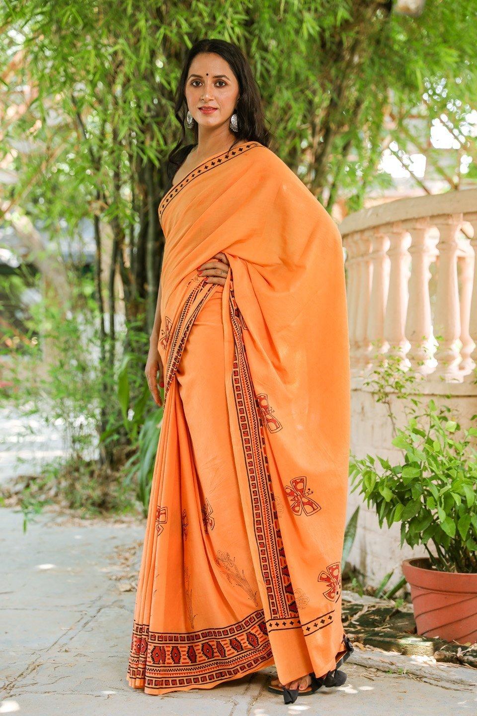 Women's Dust Orange Butterfly Block Print Mul Cotton Saree with Blouse Piece - Baisacrafts - Indiakreations