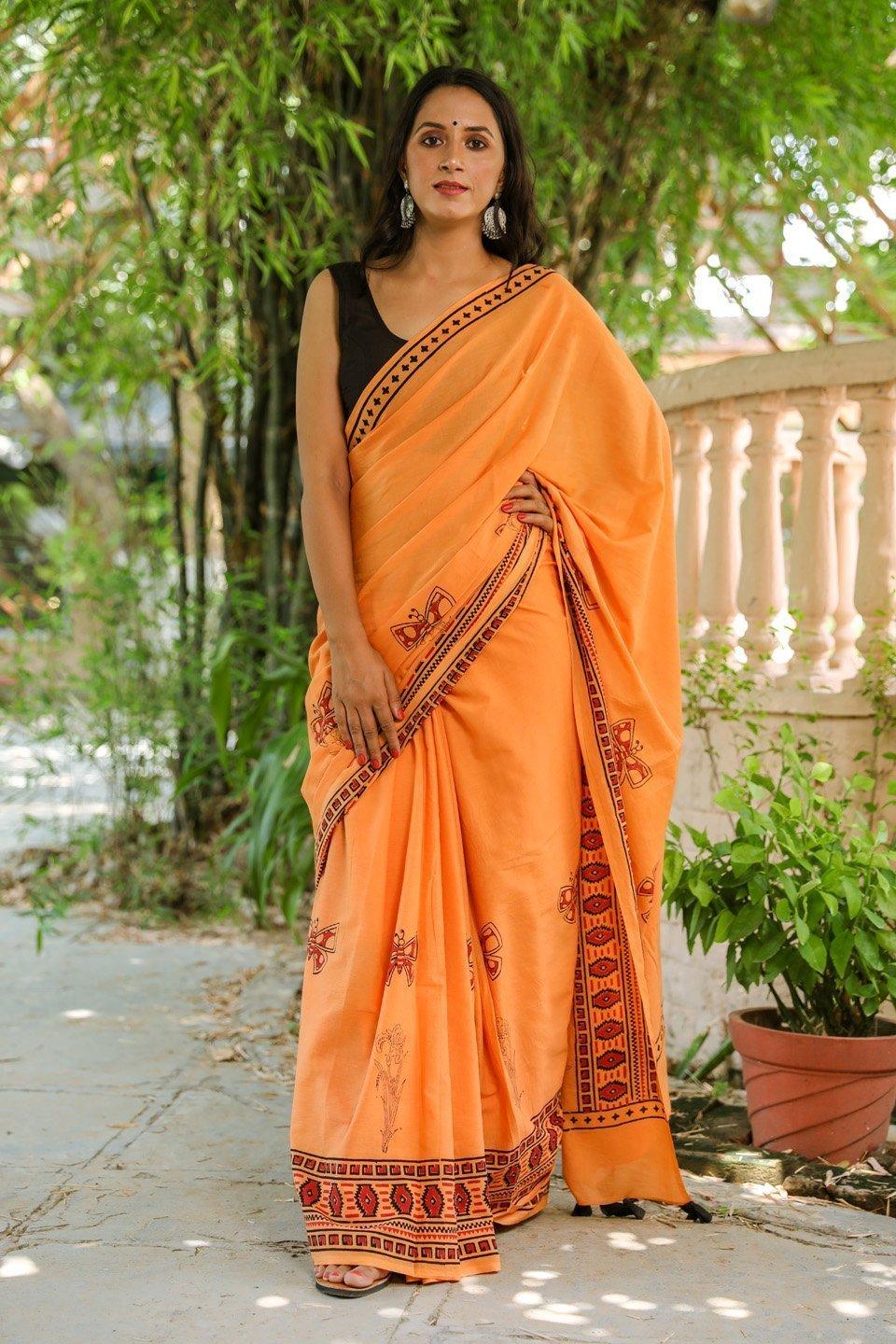 Women's Dust Orange Butterfly Block Print Mul Cotton Saree with Blouse Piece - Baisacrafts - Indiakreations