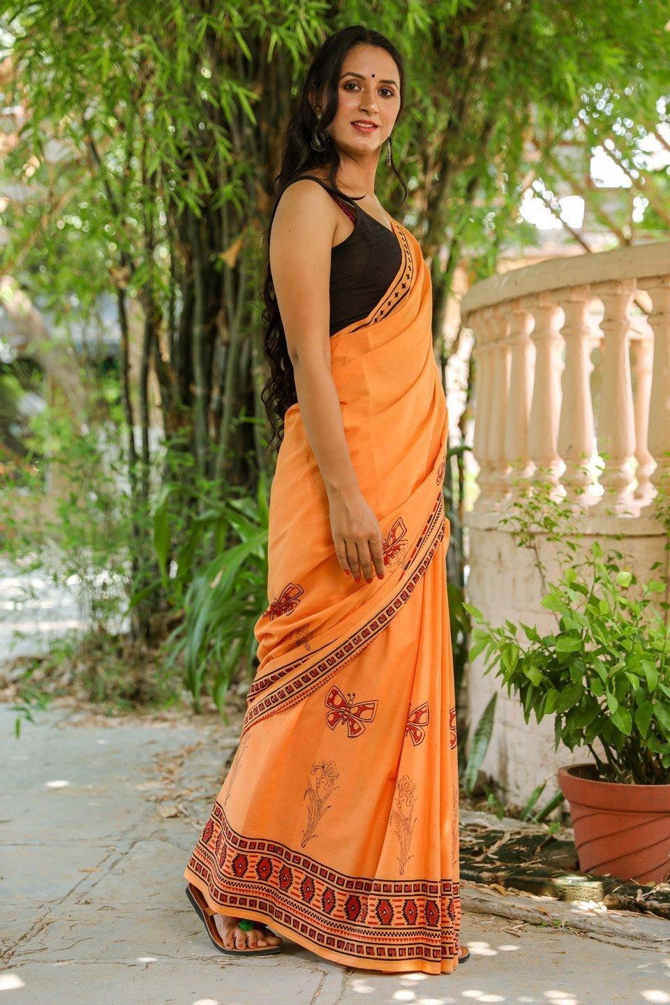 Women's Dust Orange Butterfly Block Print Mul Cotton Saree with Blouse Piece - Baisacrafts - Indiakreations