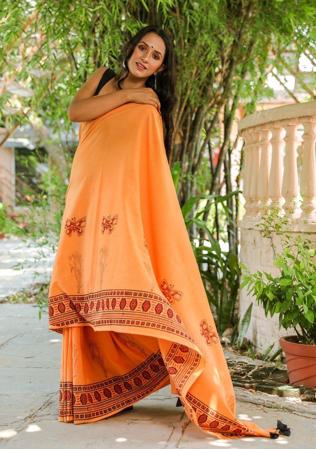 Women's Dust Orange Butterfly Block Print Mul Cotton Saree with Blouse Piece - Baisacrafts - Indiakreations