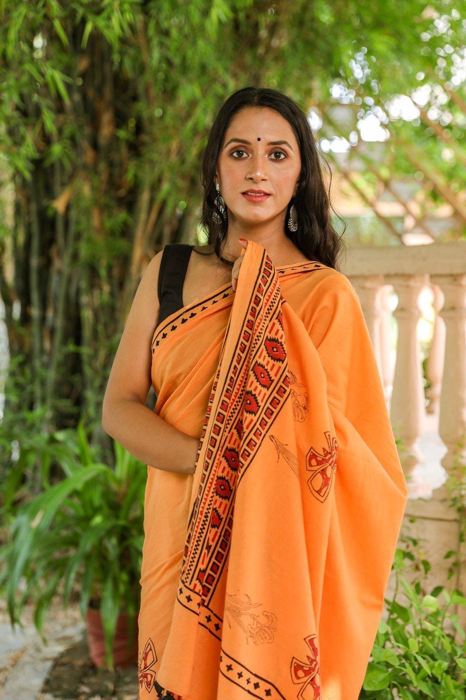 Women's Dust Orange Butterfly Block Print Mul Cotton Saree with Blouse Piece - Baisacrafts - Indiakreations